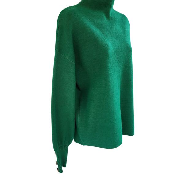 Tahari Green Mock Neck Sweater M | Rhinestone Button Cuffs | Luxe Knit - Picture 6 of 11